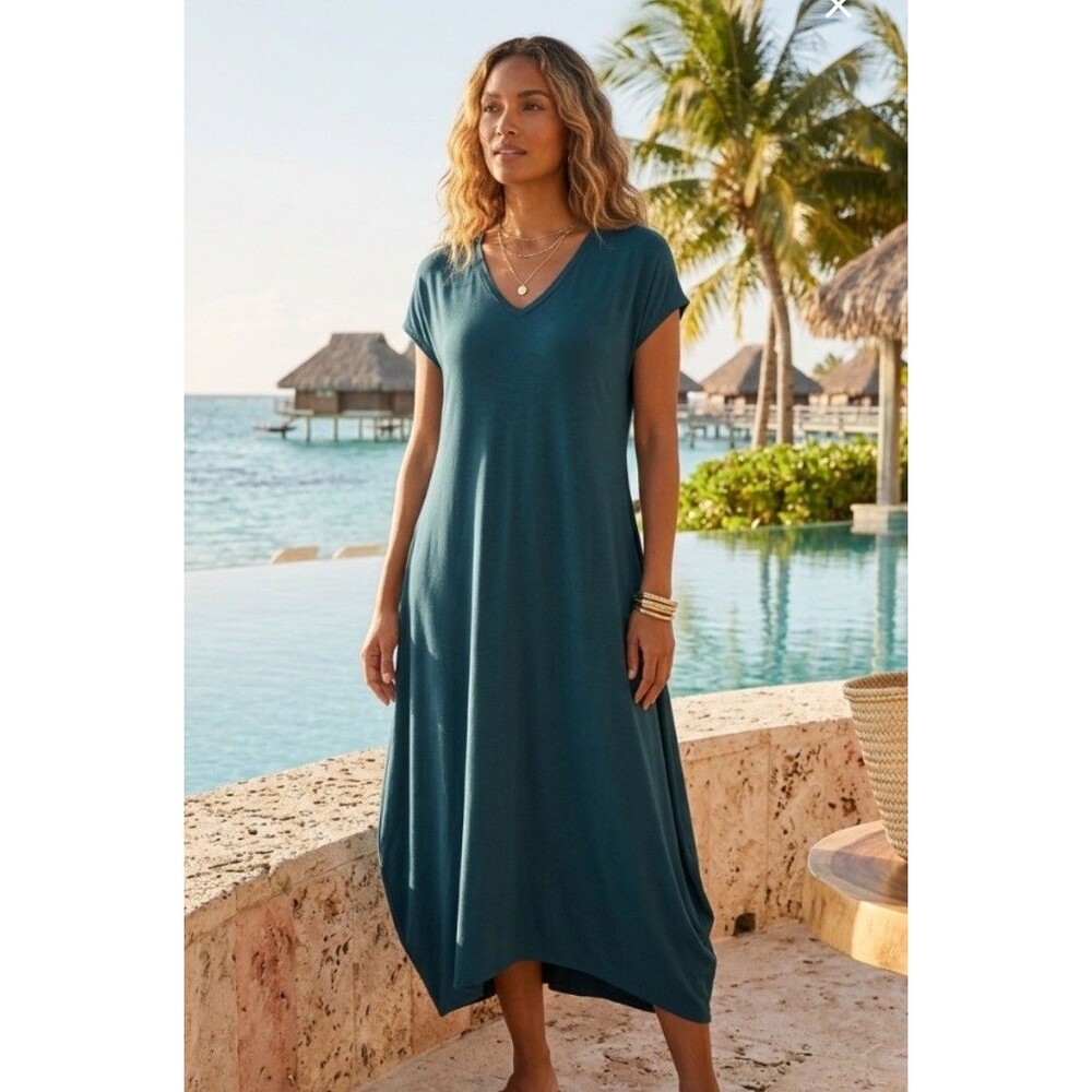 Oh My Gauze Teal V Neck Cotton Maxi Dress Lagenlook Art Size 2-L Boho Coastal